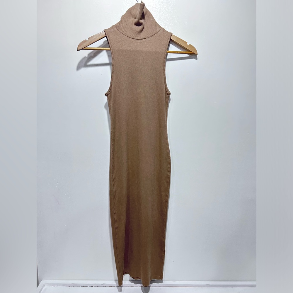 Zara Women’s Tan Ribbed Turtleneck Bodycon Sleeveless Midi Dress Size S